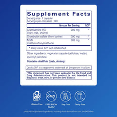Closeup of capsules highlighting 300 mg glucosamine and chondroitin per capsule.