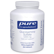 Pure Encapsulations Glucosamine sulfate 1000 mg bottle close-up for joint support.
