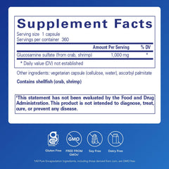 Pure Encapsulations Glucosamine sulfate 1000 mg bottle label highlighting purity.