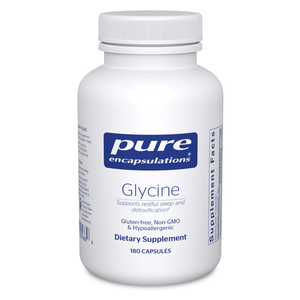 Pure Encapsulations Glycine bottle highlighting liver support and restful sleep benefits.