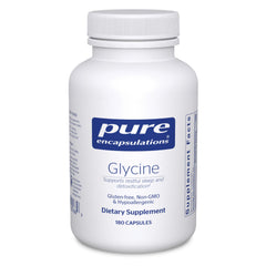 Pure Encapsulations Glycine bottle highlighting liver support and restful sleep benefits.