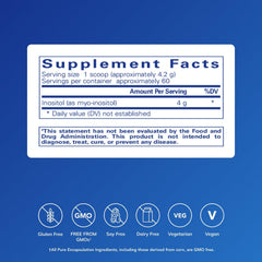 Close-up label of Pure Encapsulations Inositol powder highlighting allergen-free formula