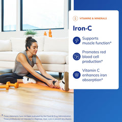 Iron-C label detail shows 15 mg iron and 175 mg vitamin C.