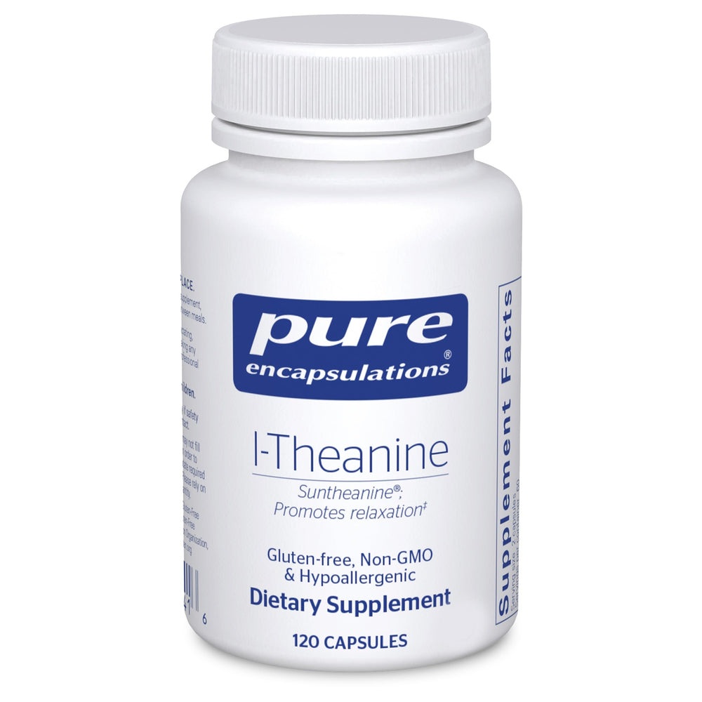 Pure Encapsulations L-Theanine bottle cap close-up highlighting freshness