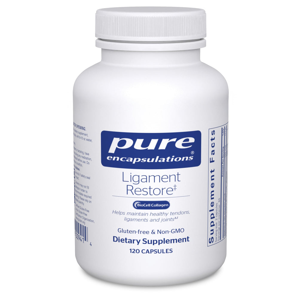 Pure Encapsulations Ligament Restore bottle with capsules ready for daily use.