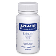 Pure Encapsulations Lithium Orotate 1 mg bottle front promotes calmness with clean ingredients.