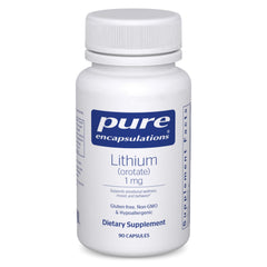 Pure Encapsulations Lithium Orotate 1 mg bottle front promotes calmness with clean ingredients.