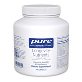 Pure Encapsulations Longevity Nutrients bottle with capsules, supports healthy aging in daily life.