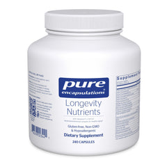 Pure Encapsulations Longevity Nutrients bottle with capsules, supports healthy aging in daily life.