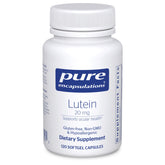 Pure Encapsulations Lutein 20mg softgel bottle on a table, supporting eye health.