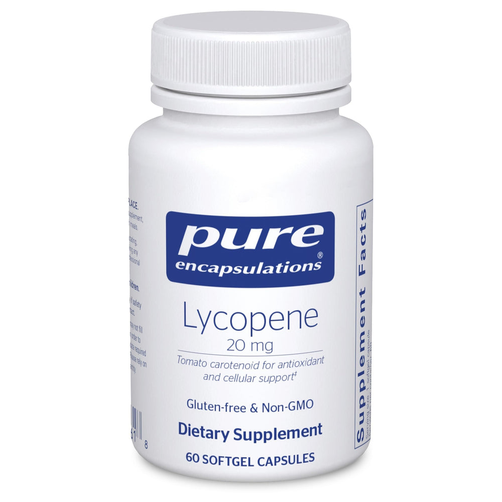 Pure Encapsulations Lycopene 20 mg bottle showing tomato-based formulation for eye support