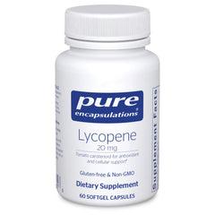 Pure Encapsulations Lycopene 20 mg bottle showing tomato-based formulation for eye support