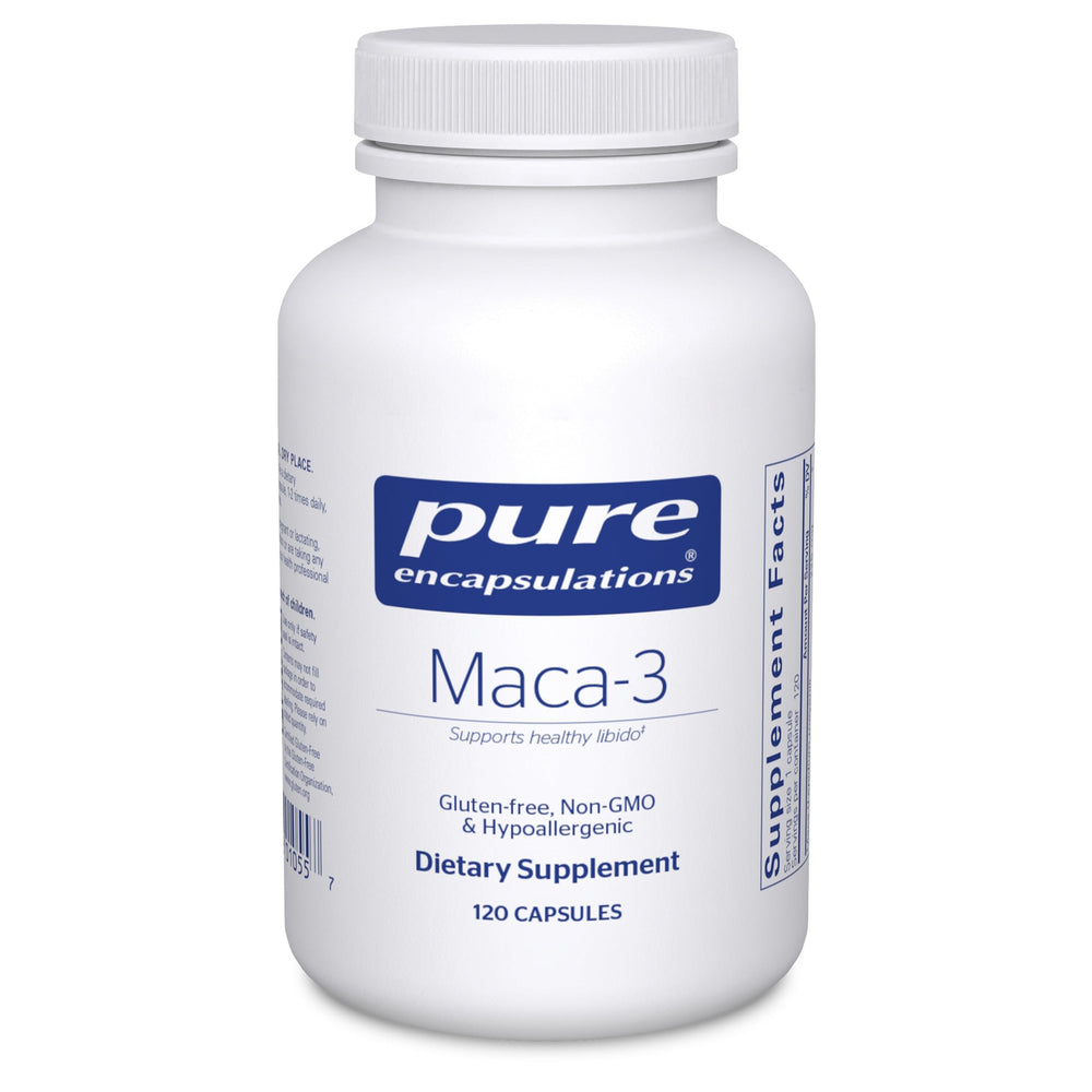 Pure Encapsulations Maca-3 bottle front view highlighting energy and stamina support
