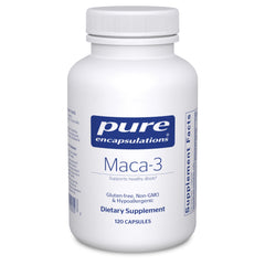 Pure Encapsulations Maca-3 bottle front view highlighting energy and stamina support