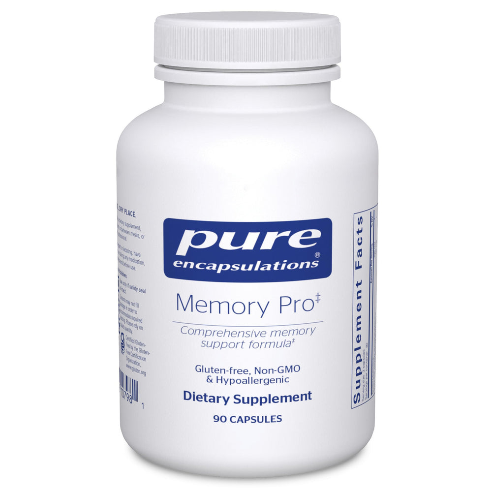 Pure Encapsulations Memory Pro bottle close-up highlighting memory support potential.