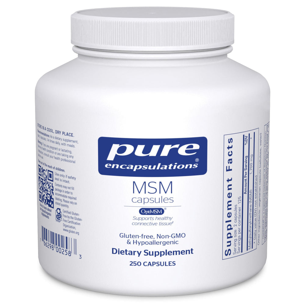 Pure Encapsulations MSM capsules bottle highlighting joint support and wellness.