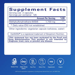Pure Encapsulations MSM capsules label emphasizing purity and allergen-free formula.