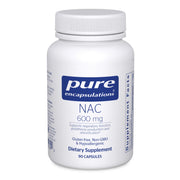 Pure Encapsulations NAC 600 mg bottle front, highlighting pure formulation for respiratory and immune support.
