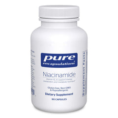Pure Encapsulations Niacinamide bottle front shows a trusted B3 supplement for daily energy support.