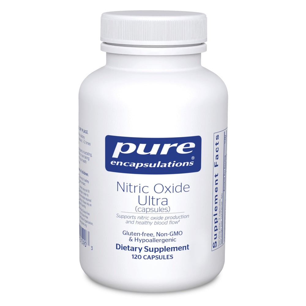 Pure Encapsulations Nitric Oxide Ultra bottle highlighting vascular support for daily wellness
