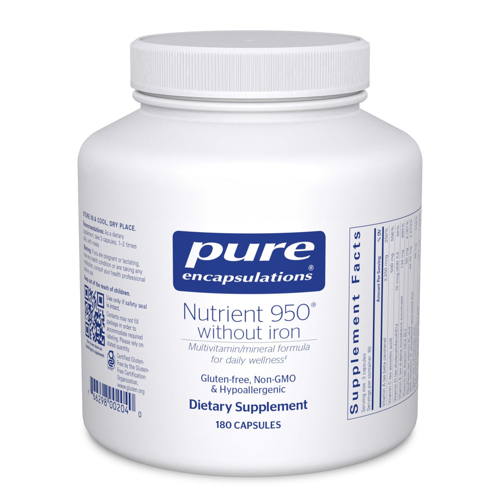 Pure Encapsulations Nutrient 950 Without Iron bottle and capsules for daily wellness.