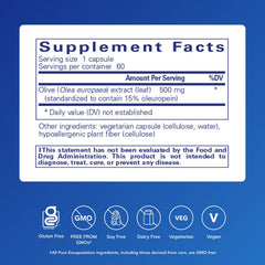 Pure Encapsulations Olive Leaf Extract label close-up showing hypoallergenic formula for sensitive users