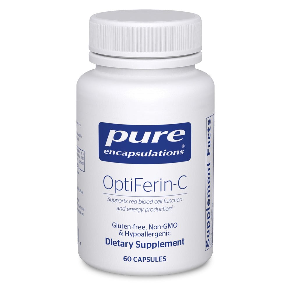 Pure Encapsulations OptiFerin-C bottle on a shelf, signaling iron absorption support for daily energy