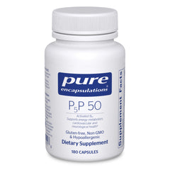Pure Encapsulations P5P 50 bottle front highlights active vitamin B6 for energy metabolism.