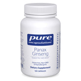 Pure Encapsulations Panax Ginseng bottle-front highlighting hypoallergenic formula for occasional stress support