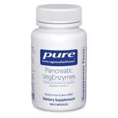 Pure Encapsulations Pancreatic VegEnzymes bottle front, allergen-free digestive support.