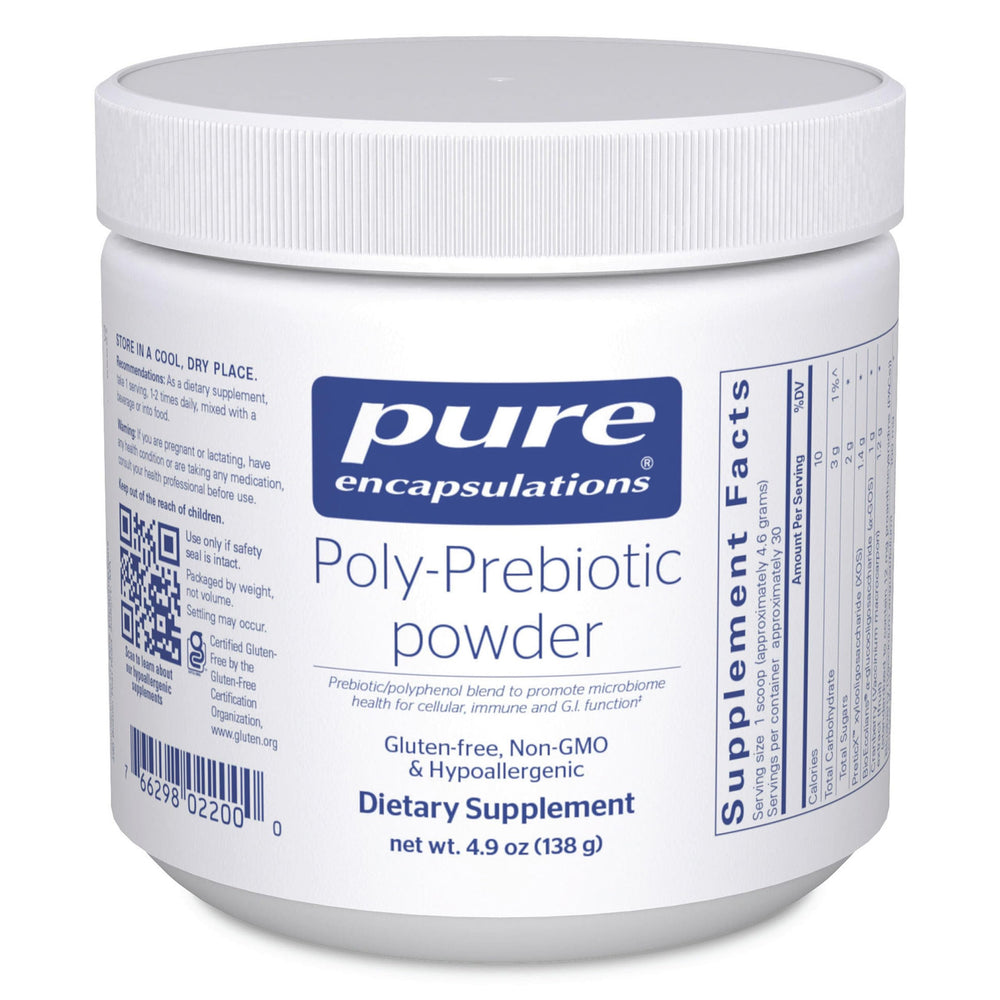 Pure Encapsulations Poly-Prebiotic Powder bottle front for gut-friendly prebiotics and microbiome support.