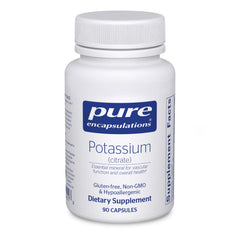 Pure Encapsulations Potassium Citrate bottle front view highlighting electrolyte support.
