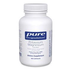 Pure Encapsulations Potassium Magnesium Citrate bottle close-up, highlighting daily mineral support
