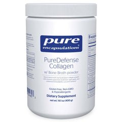 Pure Encapsulations PureDefense Collagen bottle and bone broth for savory flavor and daily wellness.