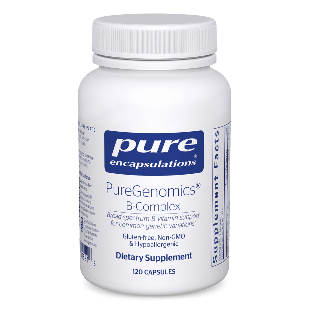Pure Encapsulations PureGenomics B-Complex bottle label for broad B vitamin support.