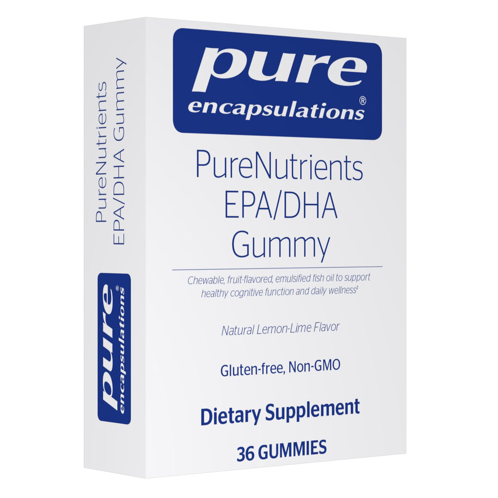 Pure Encapsulations PureNutrients EPA/DHA Gummy bottle with lemon-lime flavor for daily brain support.