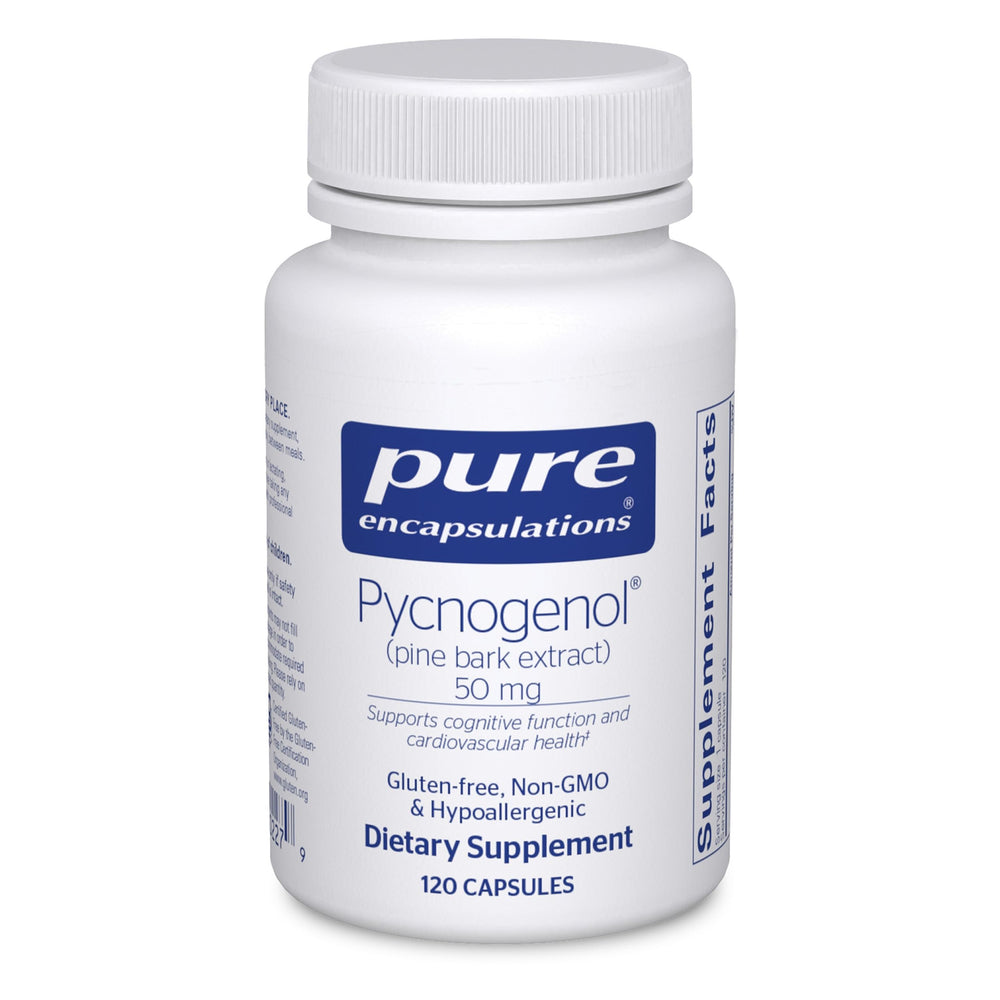 Pure Encapsulations Pycnogenol bottle – antioxidant pine bark extract for vascular health.