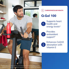 Close-up of Pure Encapsulations Q-Gel 100 label emphasizing solubility-ready CoQ10.