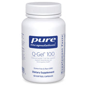 Pure Encapsulations Q-Gel 100 softgel capsules shown for enhanced absorption.