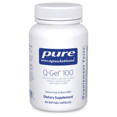 Pure Encapsulations Q-Gel 100 softgel capsules shown for enhanced absorption.