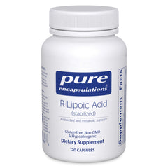 Pure Encapsulations R-Lipoic Acid Stabilized bottle front highlighting antioxidant support.