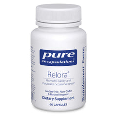 Pure Encapsulations Relora bottle front, signaling stress support in hypoallergenic capsules