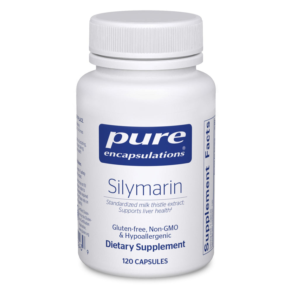 Pure Encapsulations Silymarin bottle front with 250 mg milk thistle for liver support