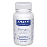 Pure Encapsulations Silymarin bottle label highlights vegan, non-GMO liver support