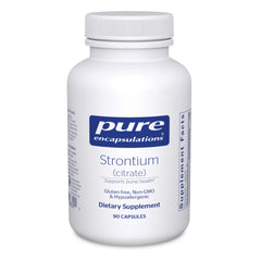 Pure Encapsulations Strontium Citrate bottle on white surface, convenient bone health support