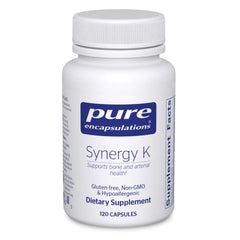 Pure Encapsulations Synergy K bottle on counter highlighting a bone-support formulation.