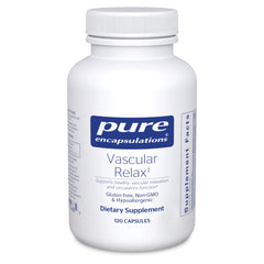Pure Encapsulations Vascular Relax bottle on table for daily vascular relaxation support.