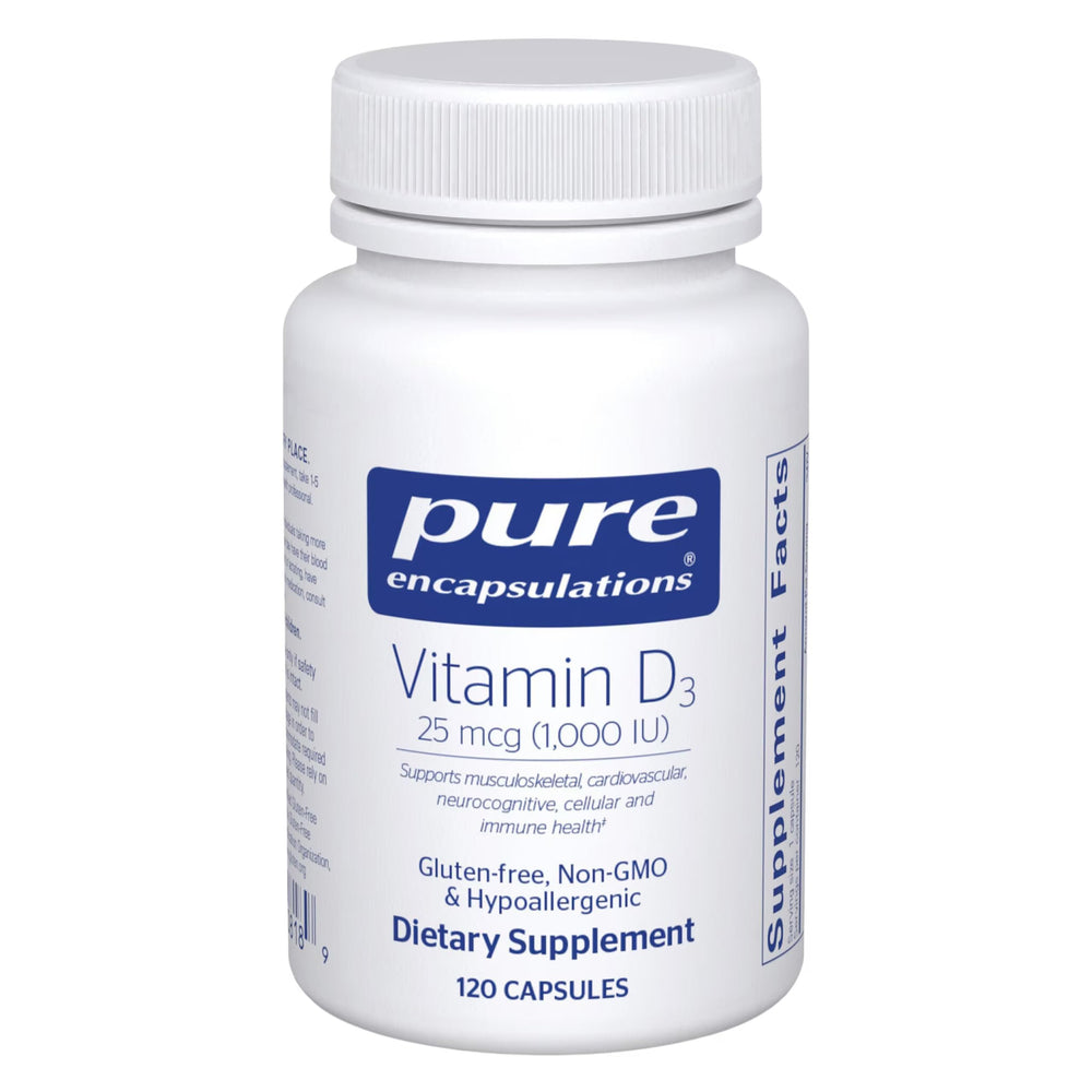 Pure Encapsulations Vitamin D3 1000 IU bottle front view supports bone and immune function.