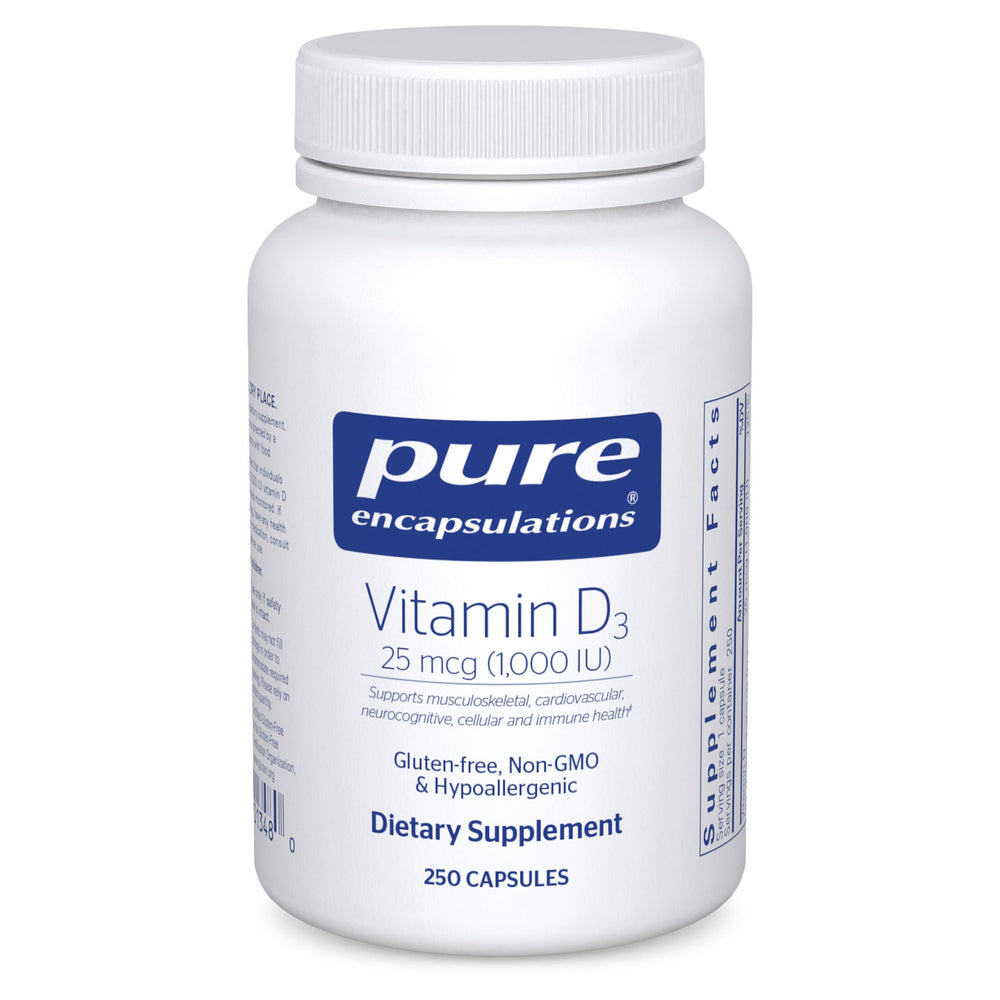 Pure Encapsulations Vitamin D3 bottle front promotes daily bone and immune support.