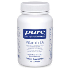 Pure Encapsulations Vitamin D3 bottle front showing 125 mcg dosage for bone support
